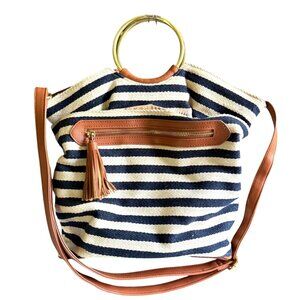 Canvas Twill Faux Leather Trim Gold Tone Ring Handle Crossbody Bag Women Blue Wh